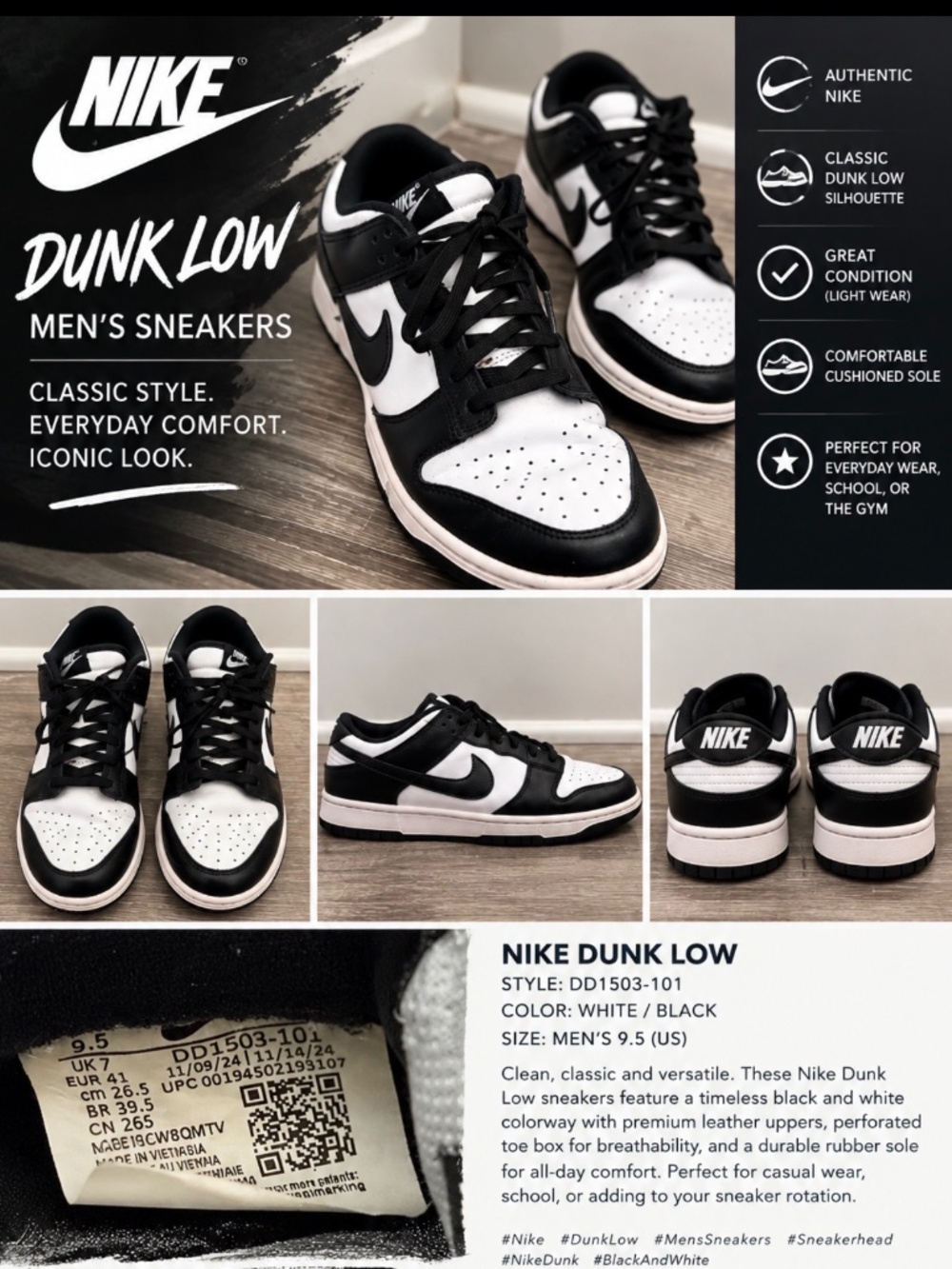 Nike Dunk Low 'Panda' - SZ 9.5 - Classic Black & White Sneakers